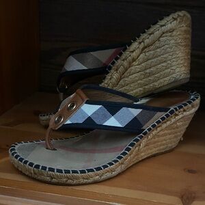 Burberry Beige Black Plaid Espadrille Wedge Sandals